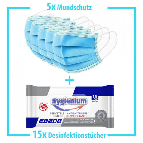 5x Mundschutz + 15x Desinfektionstücher